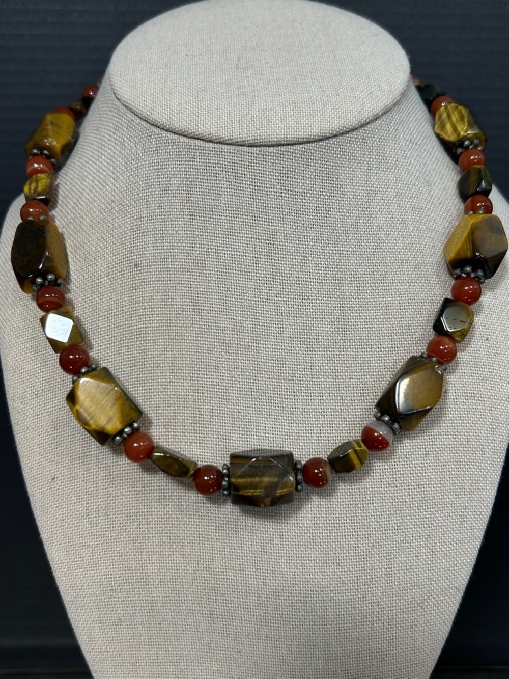 Handcrafted Tiger's Eye and Carnelian Bead Necklace - Brown/Gold